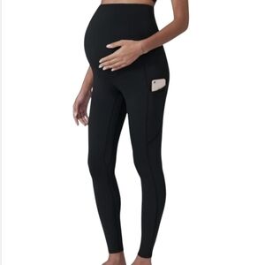 Poshdivah Black Over The Belly Maternity Yoga Workout Leggings Pockets Size XL